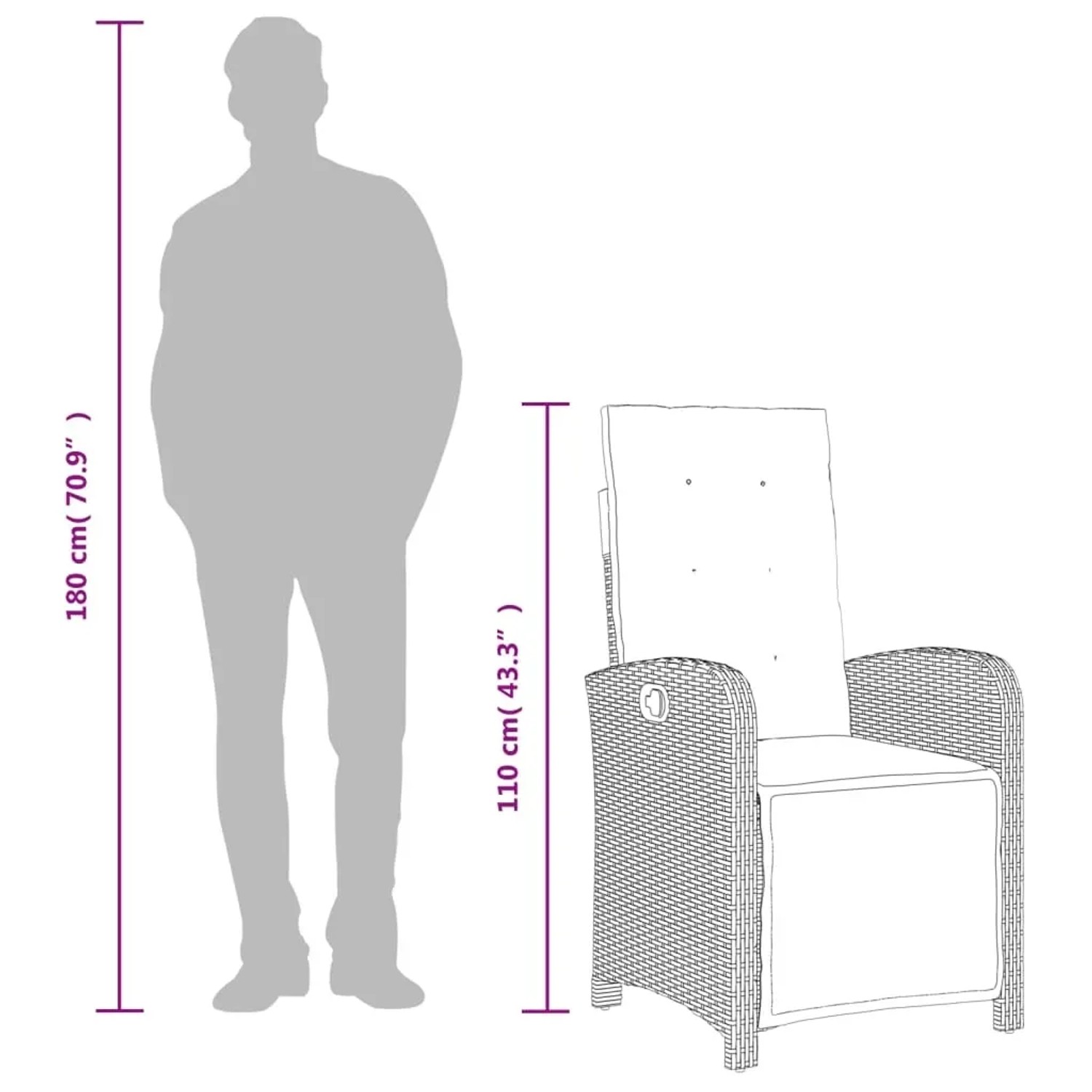 Abbildung des vidaXL Bistro-Sets, beige Poly Rattan, mit Maßangaben. Gartenmöbel für Balkon und Terrasse.
