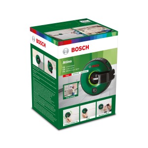 Verpackung des Bosch Linienlaser Atino, ein selbsthaftendes Messwerkzeug zum Ausrichten.