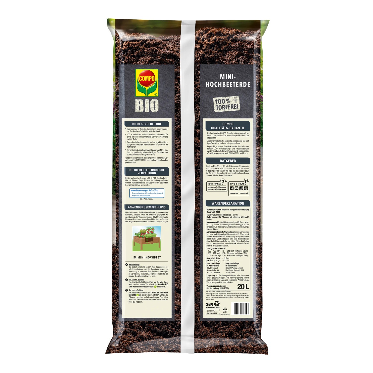Sack Compo BIO Mini-Hochbeeterde, 20 l, torffreie Erde für ökologisches Gärtnern.