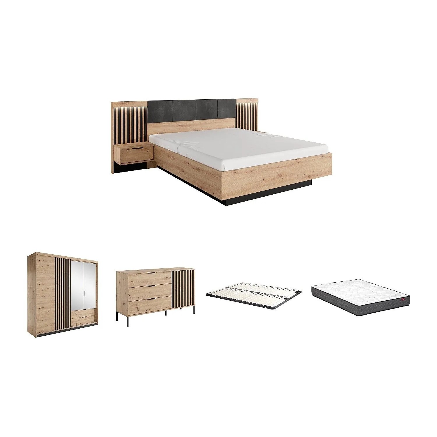 Vente-unique Schlafzimmer Komplett Ariada Schwarz  Naturfarben Hell 163.2 cm
