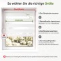 Infografik: Doppelrollo Klemmfix Größenwahl für Fenster. Glasbreite messen, Bestellbreite berechnen (Glasbreite + 4cm). Abstand zum Fenstergriff prüfen.