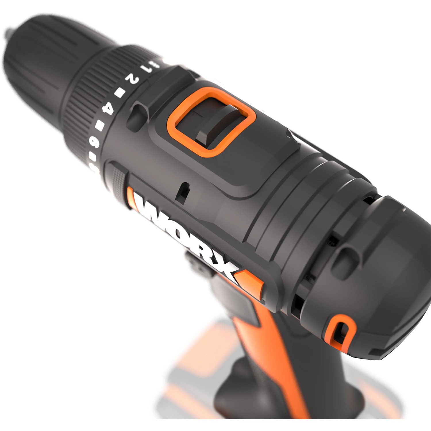 Worx 20V Akku-Bohrschrauber WX100.9 Solo, Akkuschrauber in Schwarz/Orange. Nahaufnahme.