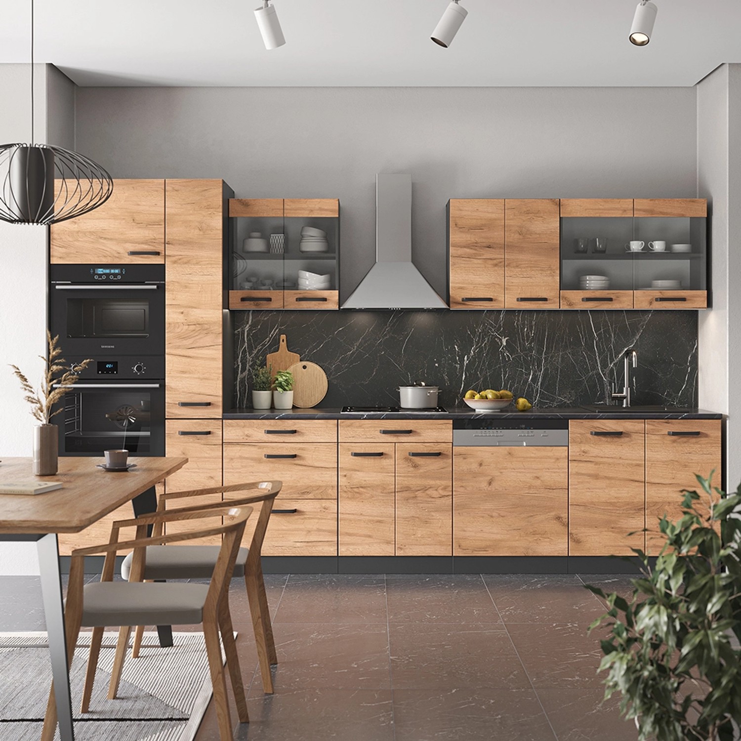 Moderne Küchenzeile Vicco R-Line in Goldkraft Eiche/Anthrazit, 350 cm breit, mit Hochschrank.