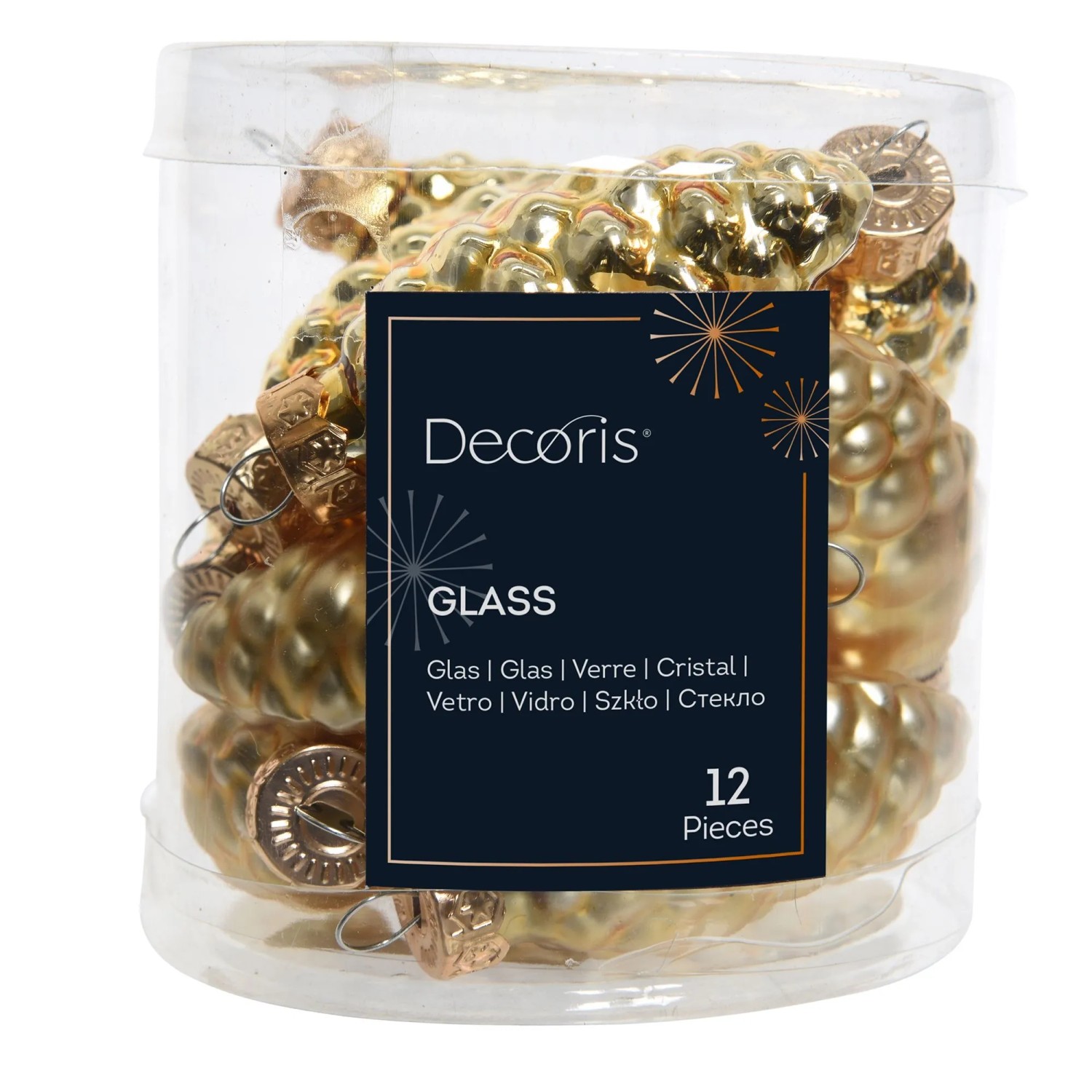 Decoris Weihnachtsbaum-Anhänger Zapfen Glas 2,5 cm x 6 cm Gold 12 Stück