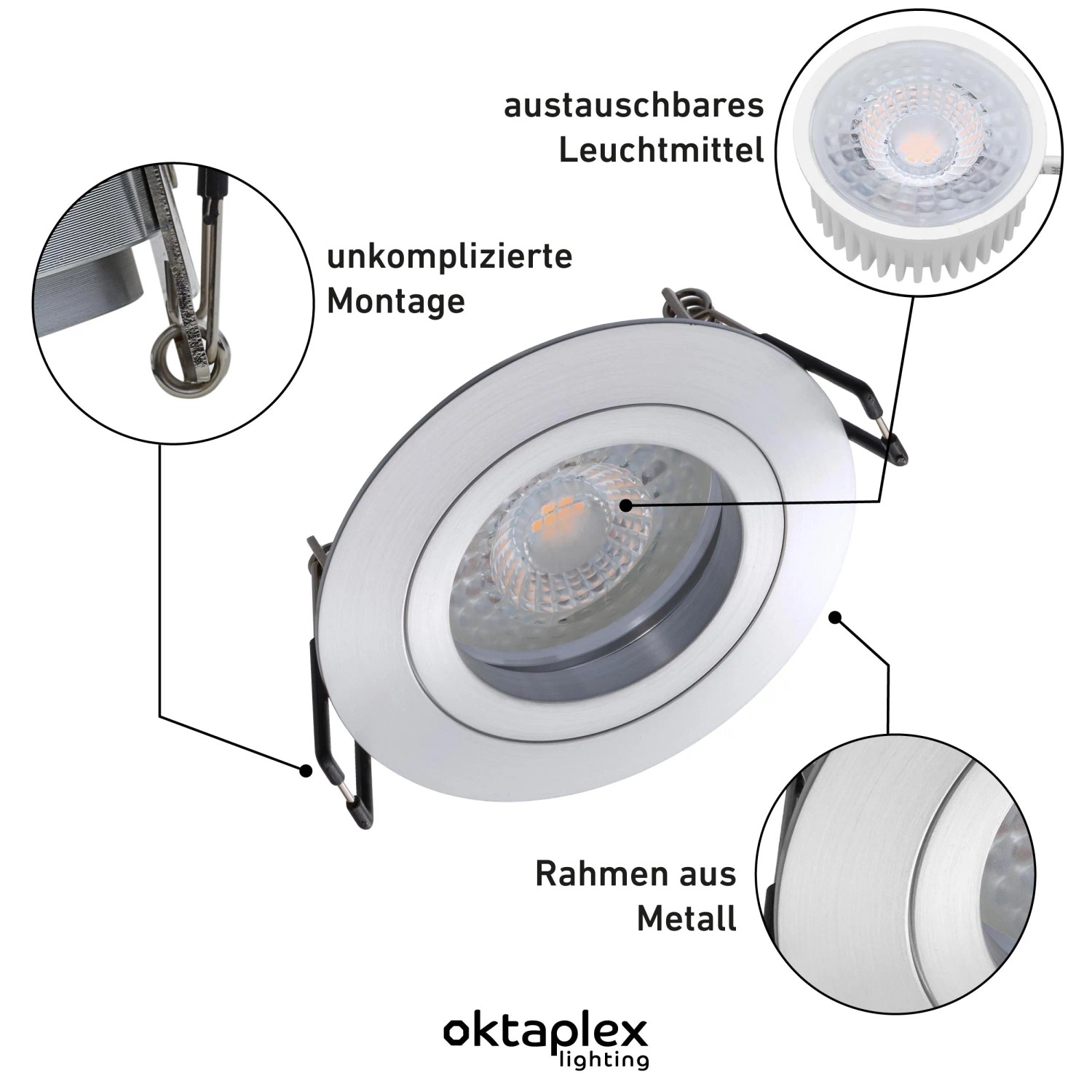 Oktaplex Einbauleuchte Lyon, 12er Set, Aluminium, silberner Deckenspot mit LED Modul und neutralweißem Licht.