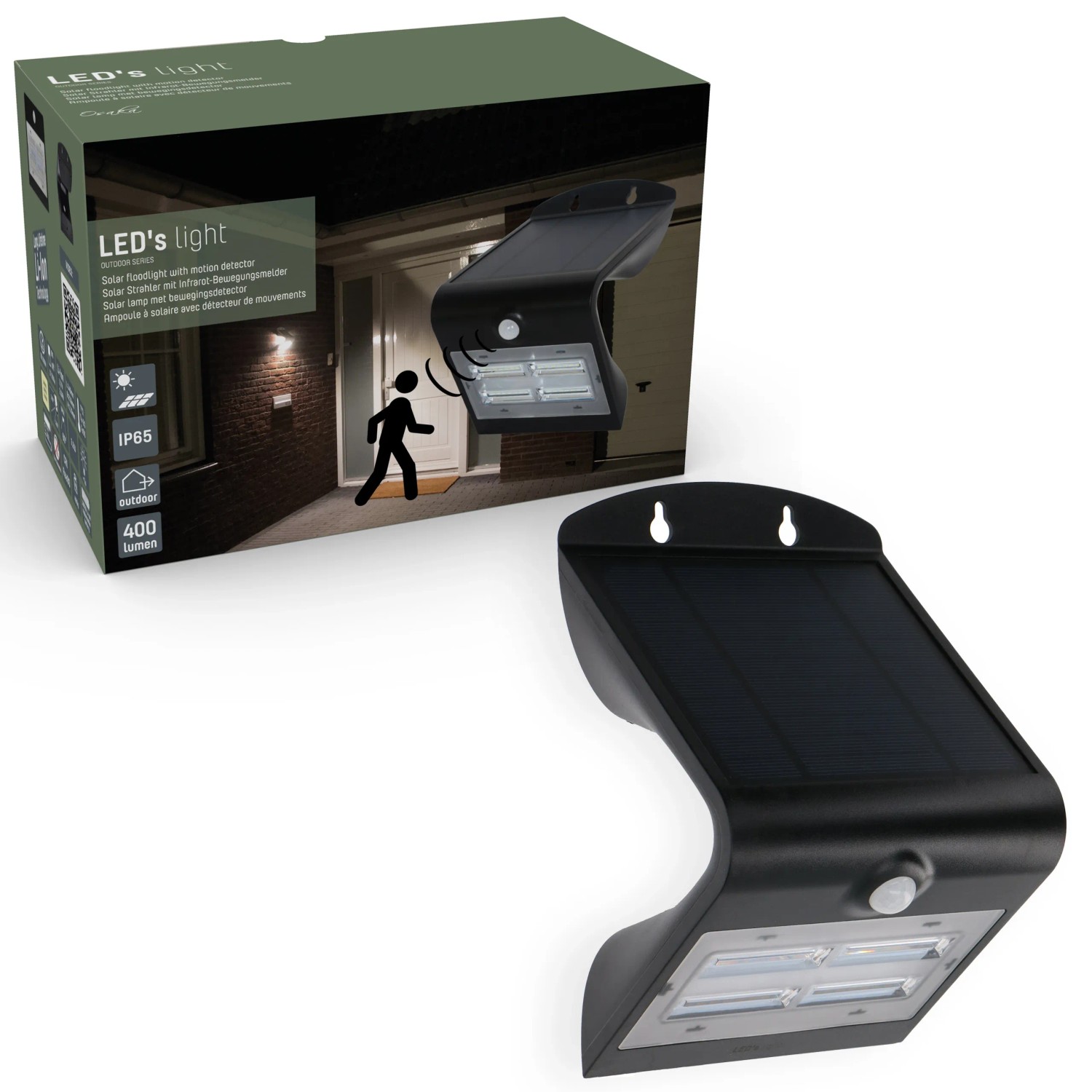 Schwarze LED Solar-Außenleuchte mit Sensor, 3,2W, 400lm, 3000K. Wandleuchte mit Bewegungsmelder.