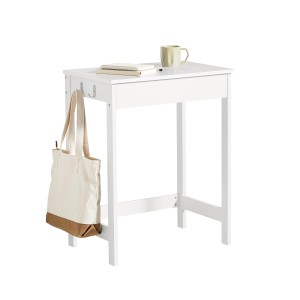 Weißer SoBuy Schreibtisch FWT43-W mit Schublade und Haken. Kompakter Computertisch für kleine Räume.