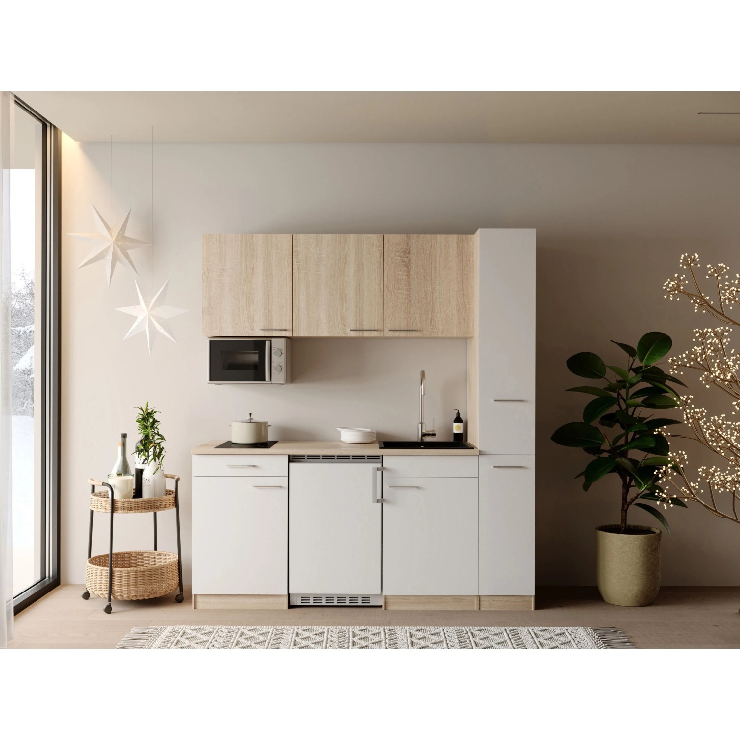 Respekta Ingrid Singleküche 180 cm Weiß inkl. Mikrowelle mit Apothekenschrank