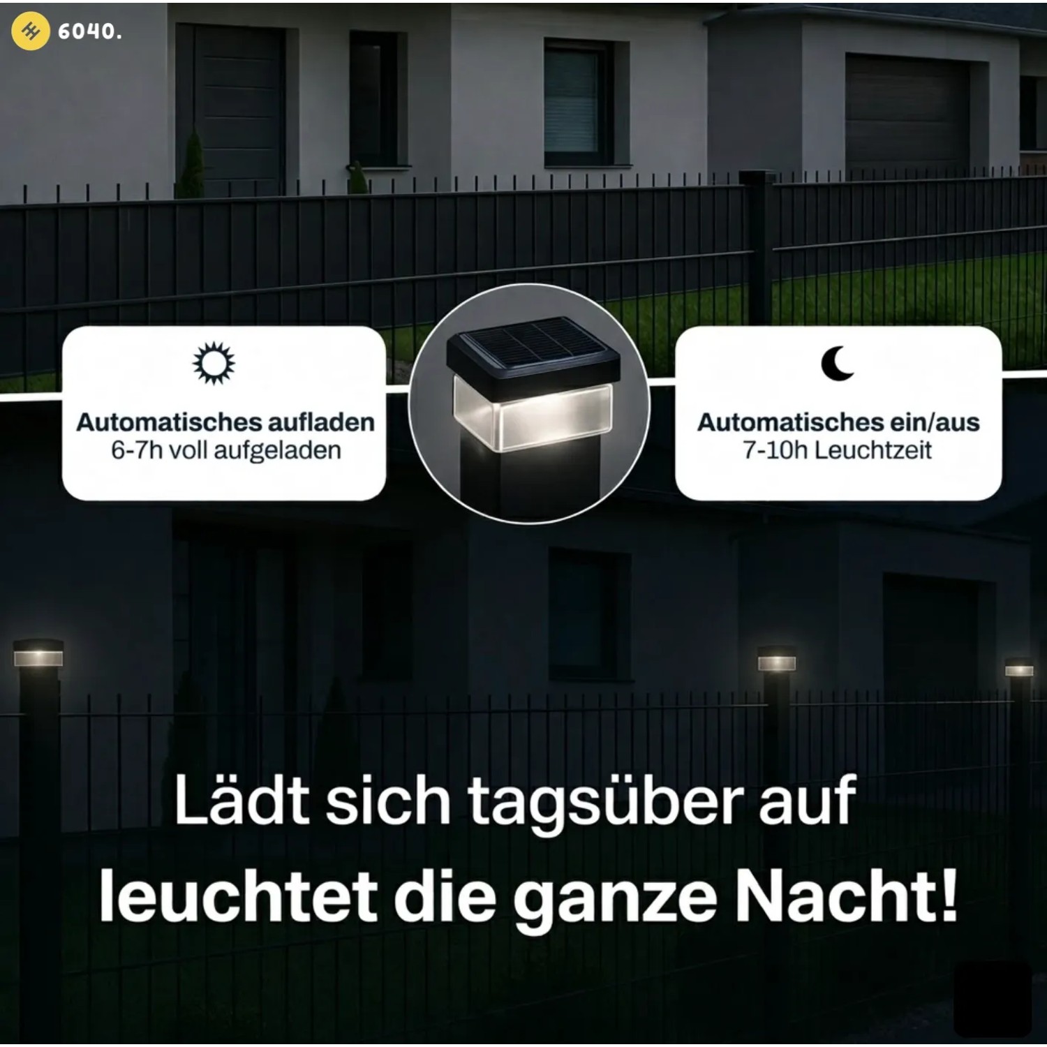 Solar Zaunleuchte LED für 60x40mm Pfosten, lädt tagsüber automatisch, leuchtet nachts. Für Stabmattenzäune.