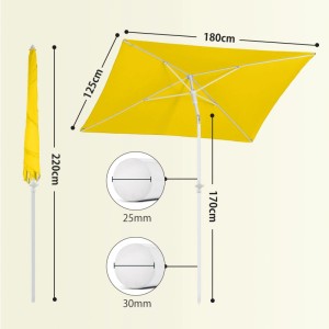 Sekey Sonnenschirm, 180x125 cm, rechteckig, gelb, mit Maßen und Details zu Mast und Höhe.