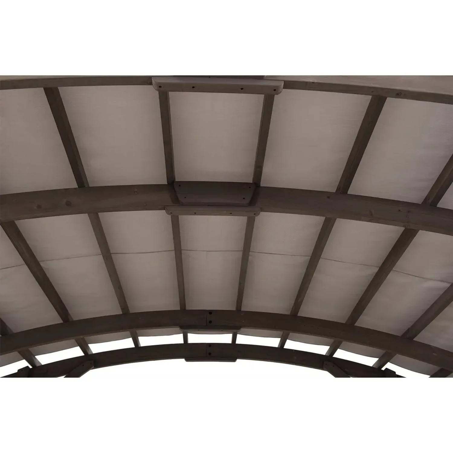 Detailansicht der grauen Sunjoy Pergola Dajti aus Zedernholz, Fokus auf das Dach.