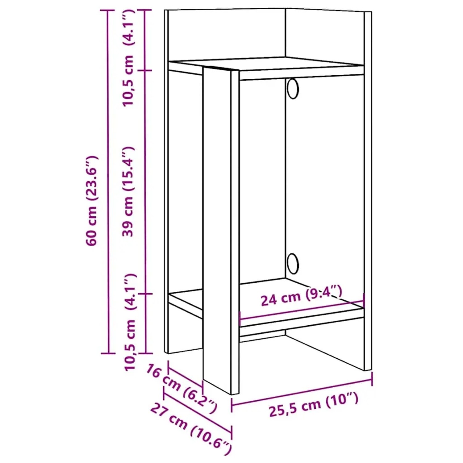 Maßzeichnung eines weißen vidaXL Beistelltisches mit 2 Ablagen, 25,5x27x60 cm.