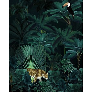 Grüne Dschungel Fototapete mit Jaguar und Tukan, 200x250 cm.