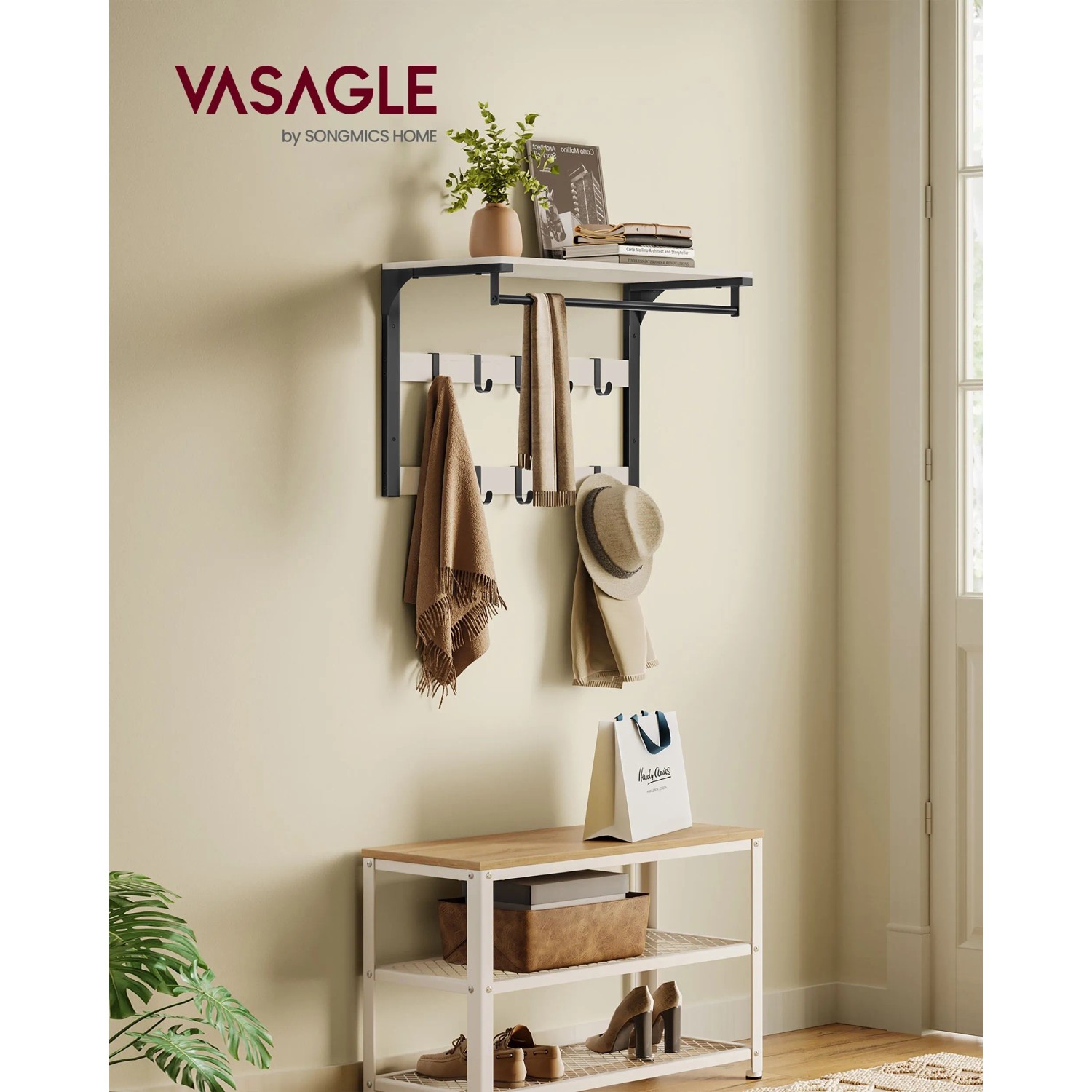 Songmics Wandgarderobe Barnet-old mit Ablage, 10 Haken, weiß-schwarz. Garderobe im Industrie-Design.