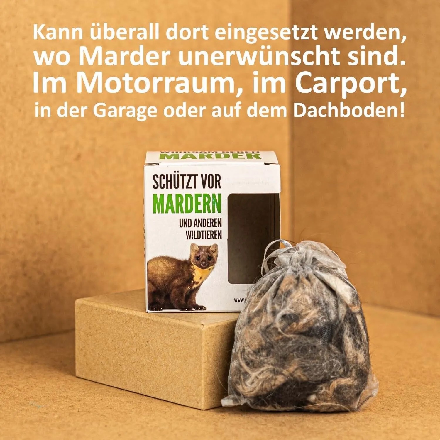 Greenhero Marderschreck: Set mit Karton und Beutel zur Marderabwehr in Haus, Auto und Garage.