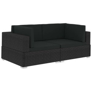 Schwarzes vidaXL Ecksofa 2er-Set aus Polyrattan mit Auflagen für den Garten.