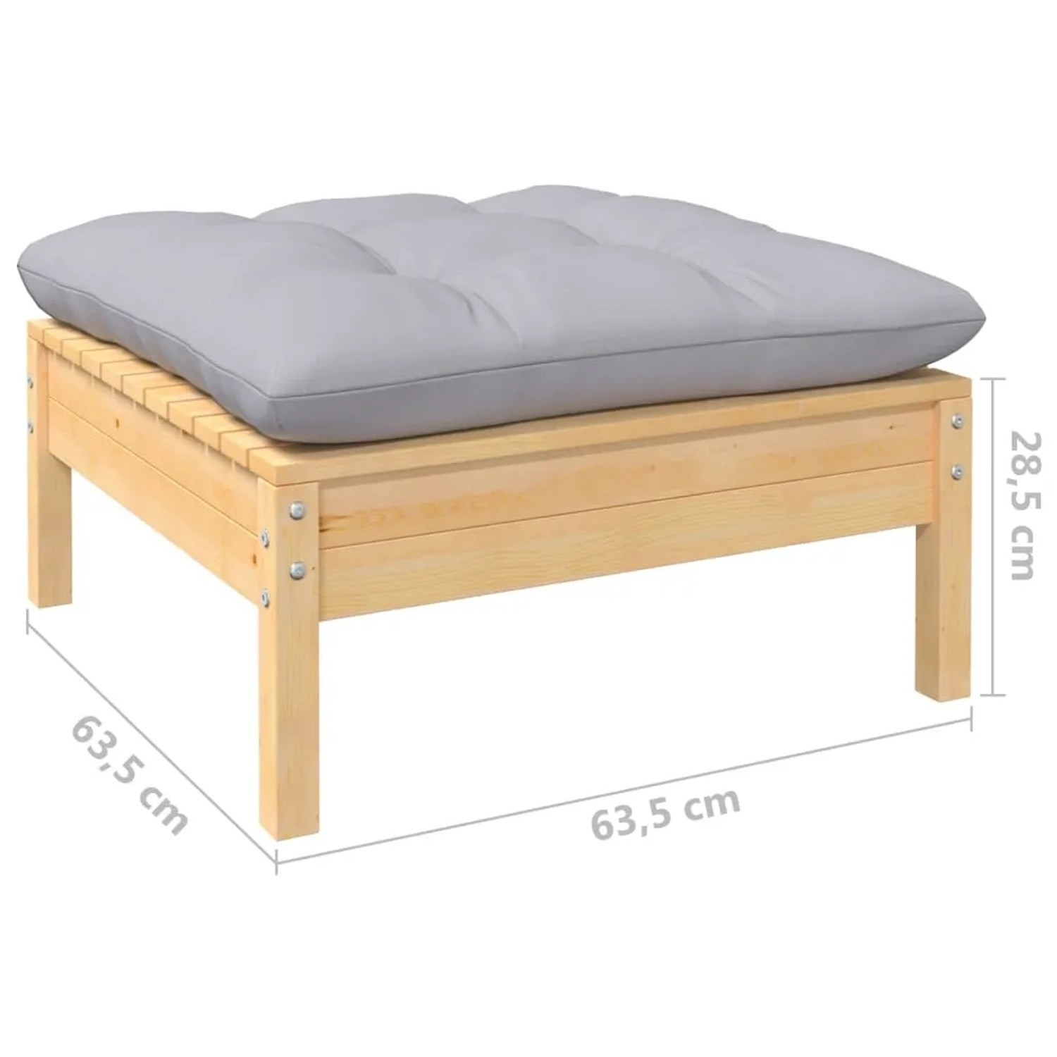 Fußbank aus Kiefernholz mit grauem Kissen, Teil des vidaXL Garten-Lounge-Sets.