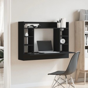 Schwarzer Wand-Schreibtisch vidaXL mit Fächern und Regalböden, ideal für kleine Räume.