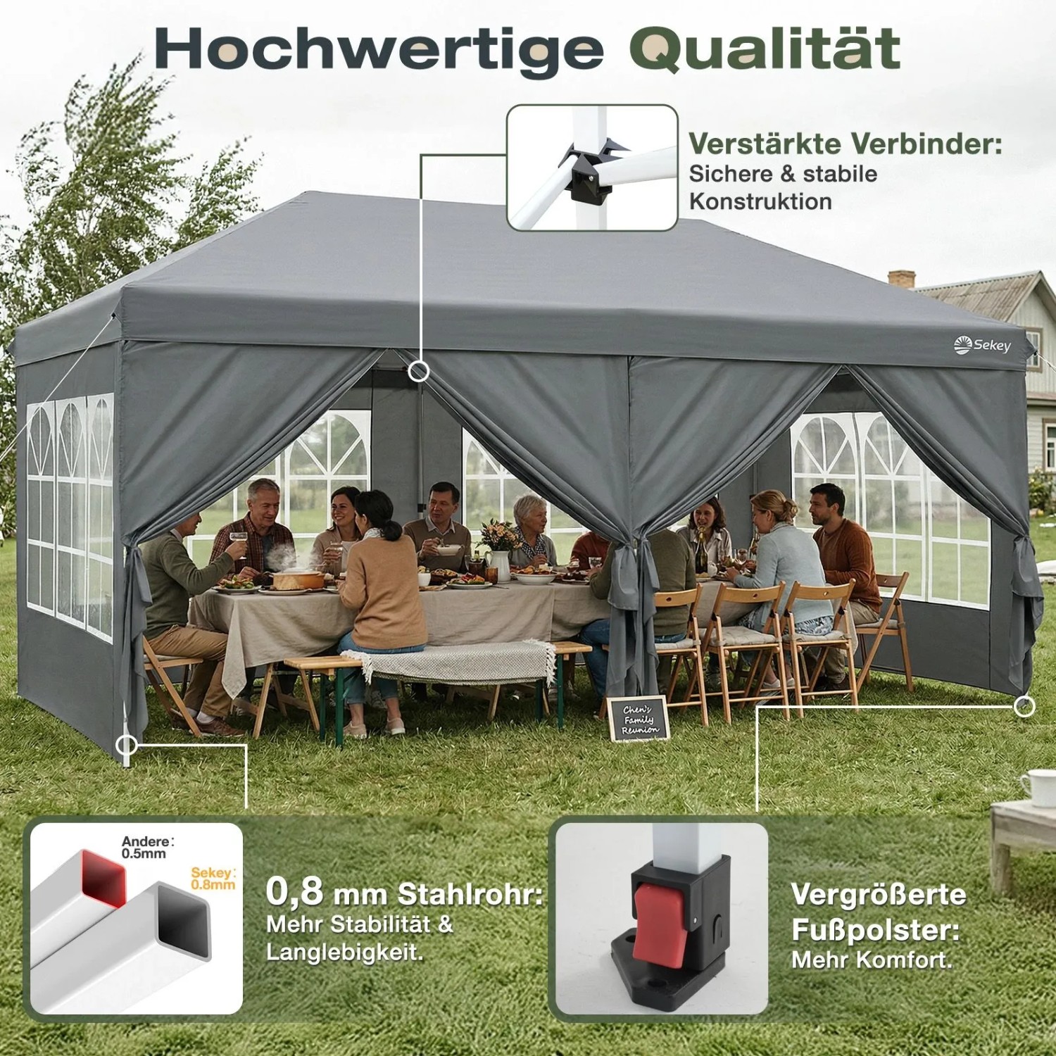 Robuster grauer 3x6 m Faltpavillon mit 6 Seitenteilen im Garten. Wasserdichter Pop Up Pavillon für Outdoor-Events.