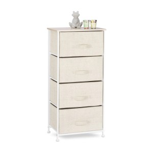 Relaxdays Regalsystem mit 4 Stoffschubladen in Beige und weißem Stahlrahmen.