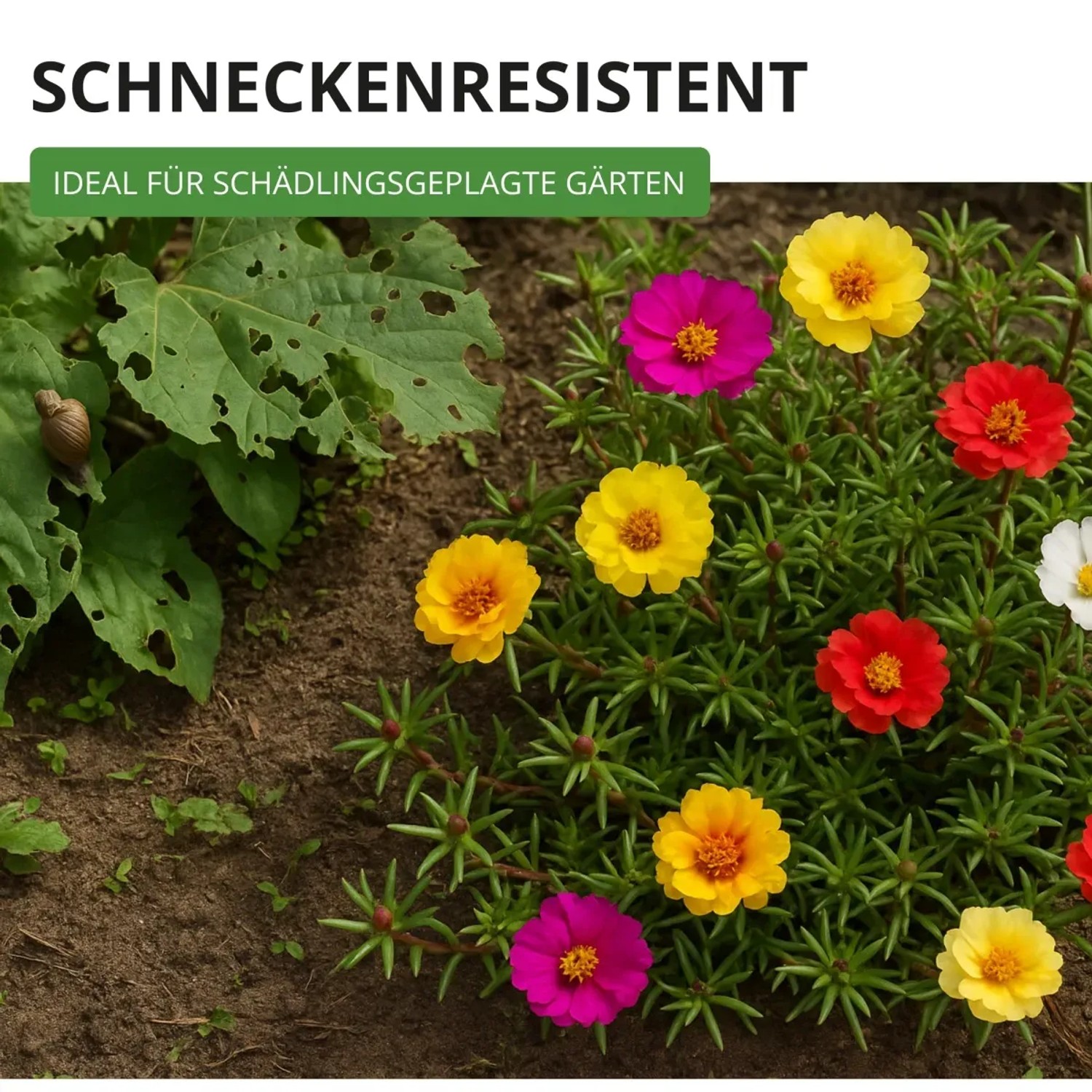 Gefüllte Portulakröschen-Mischung: Farbenfrohe, gefüllte Blüten, ideal für Steingärten. Schneckenresistent.