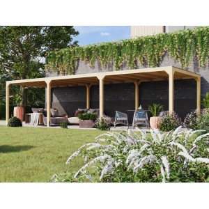 Karibu Pavillon Set Fyrkant, naturbelassen, mit zwei Verlängerungen im Garten.