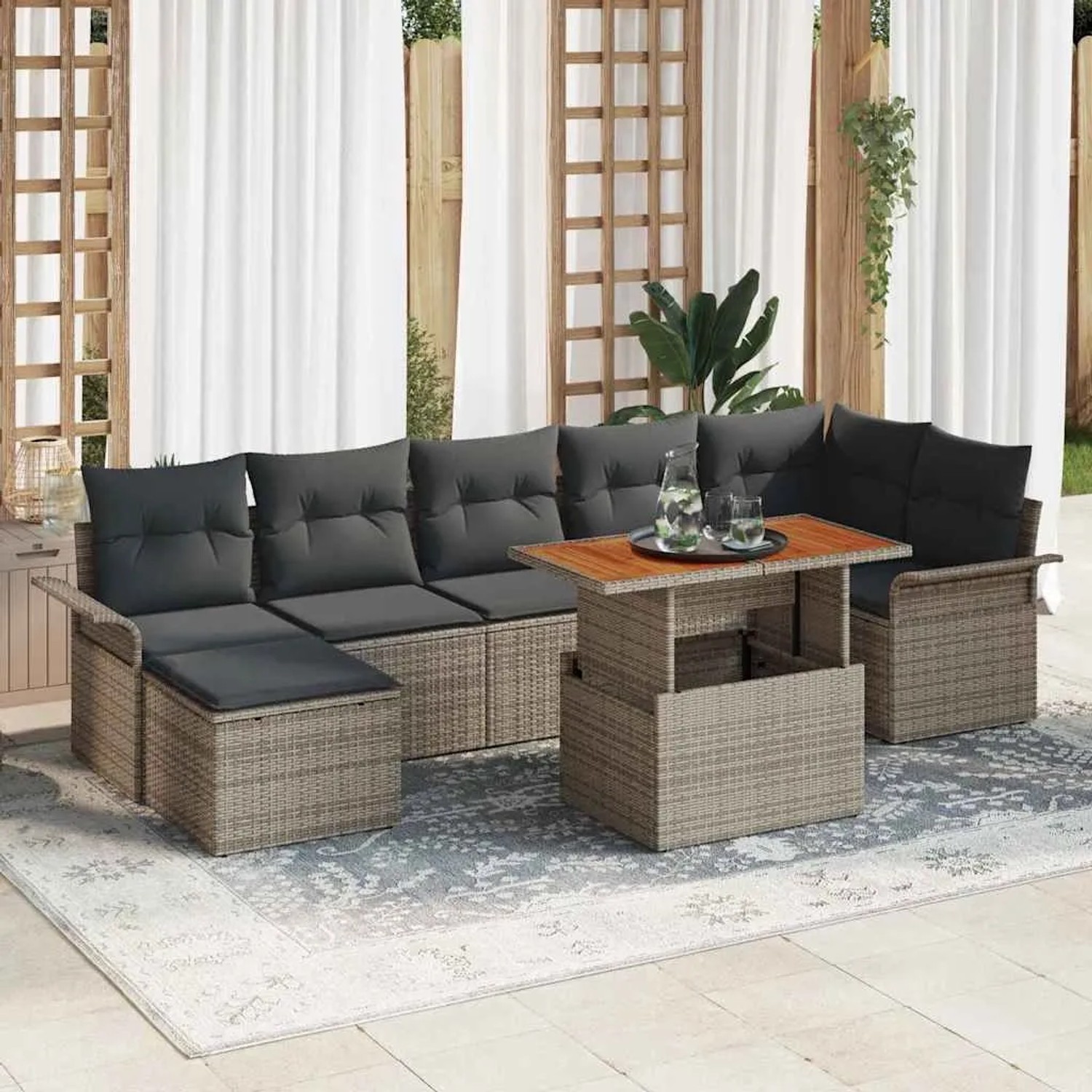 Graues 8-tlg. vidaXL Garten-Sofa-Set aus Poly Rattan mit Tisch und Stauraum.