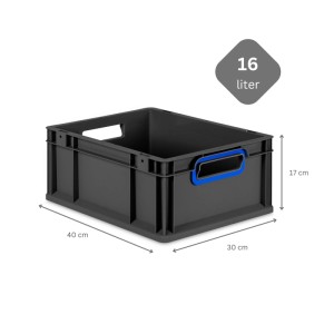 PROREGAL Eurobox Nextgen, 16 Liter, schwarz mit blauen Griffen. Aufbewahrungsbox.