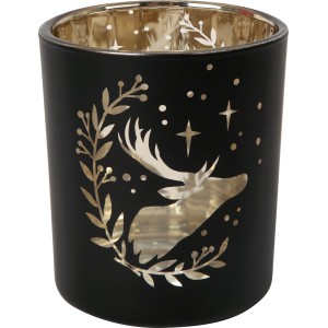 Schwarzes Teelichtglas mit Hirsch-Motiv, goldfarbene Innenseite, Weihnachtsdekoration.