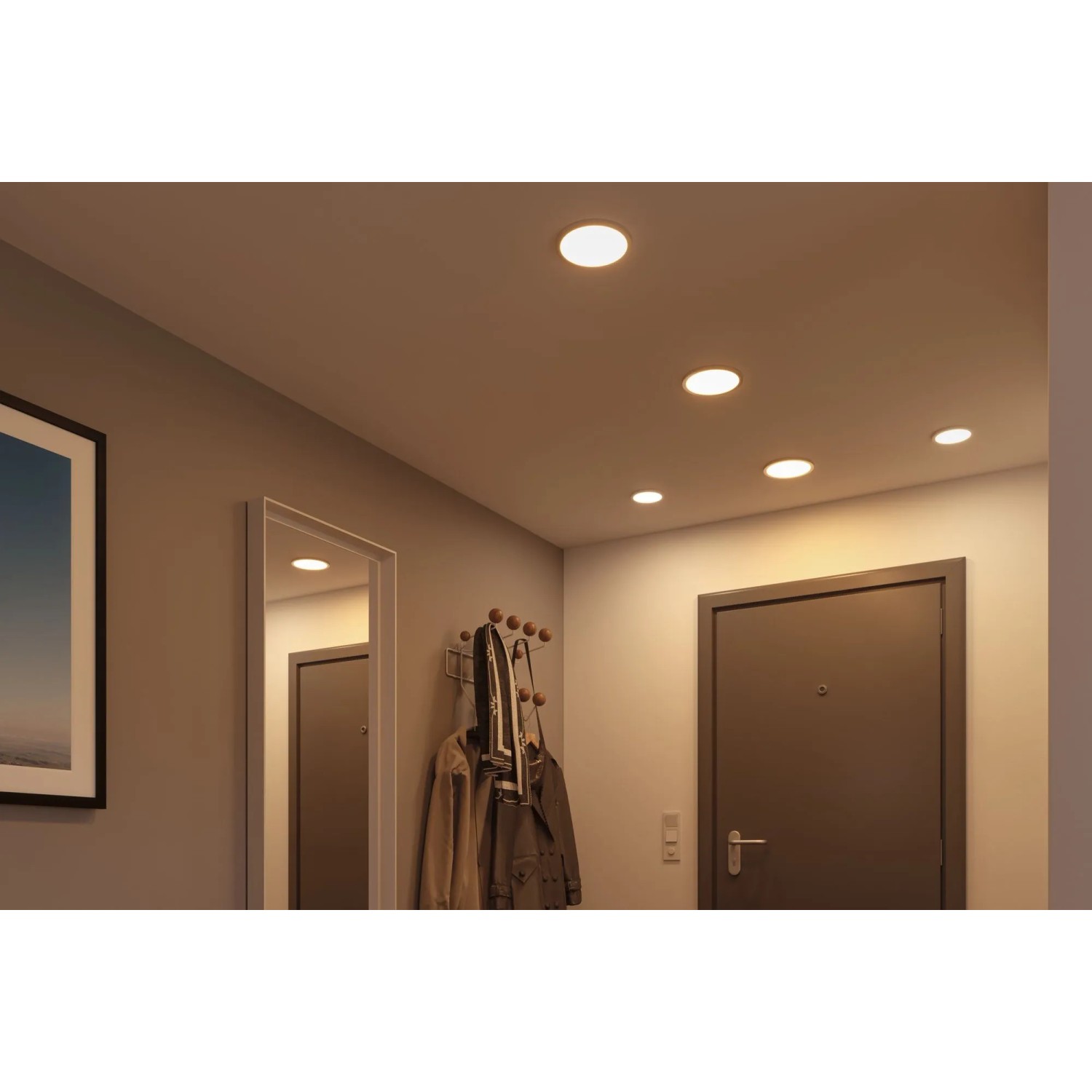 Eingebaute Paulmann Areo LED Einbaupanels in einem Flur mit Garderobe und Tür.