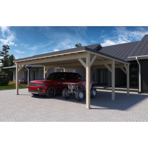 Holzbrüder Doppelcarport Ralf, naturbelassen mit dunkelgrauem Blechdach, unter dem ein Auto und Quad stehen.