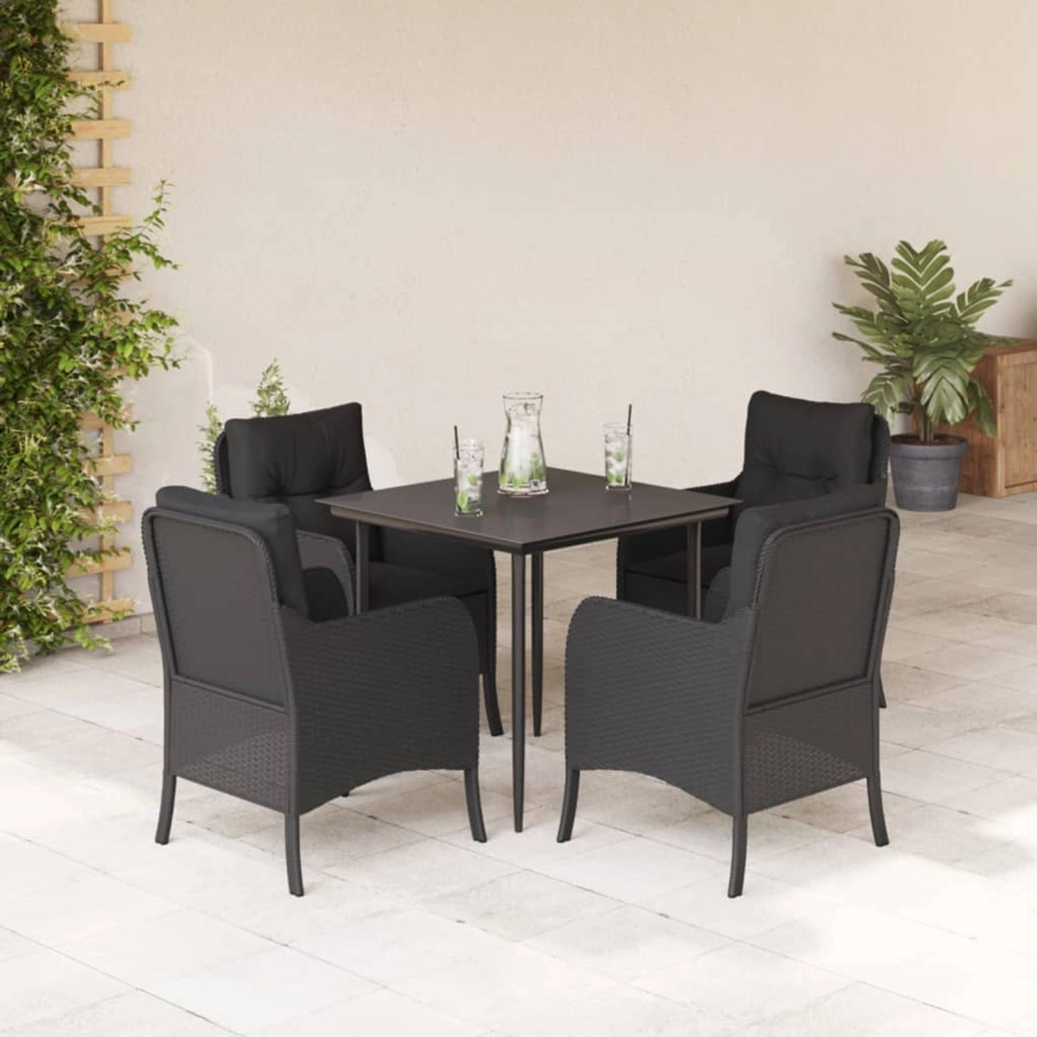 Schwarze 5-tlg. Garten-Essgruppe aus Polyrattan mit Kissen. Ideal für Terrasse und Garten.