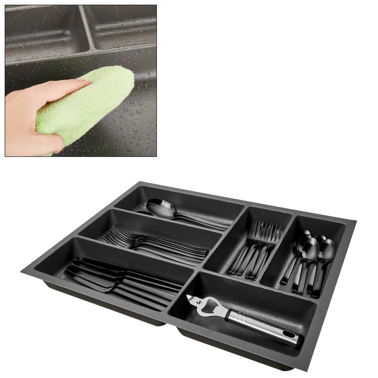 Anthrazit SOTECH ORGA-BOX-3 Besteckeinsatz mit Besteck und Flaschenöffner. Canvas-Struktur und einfache Reinigung sichtbar.