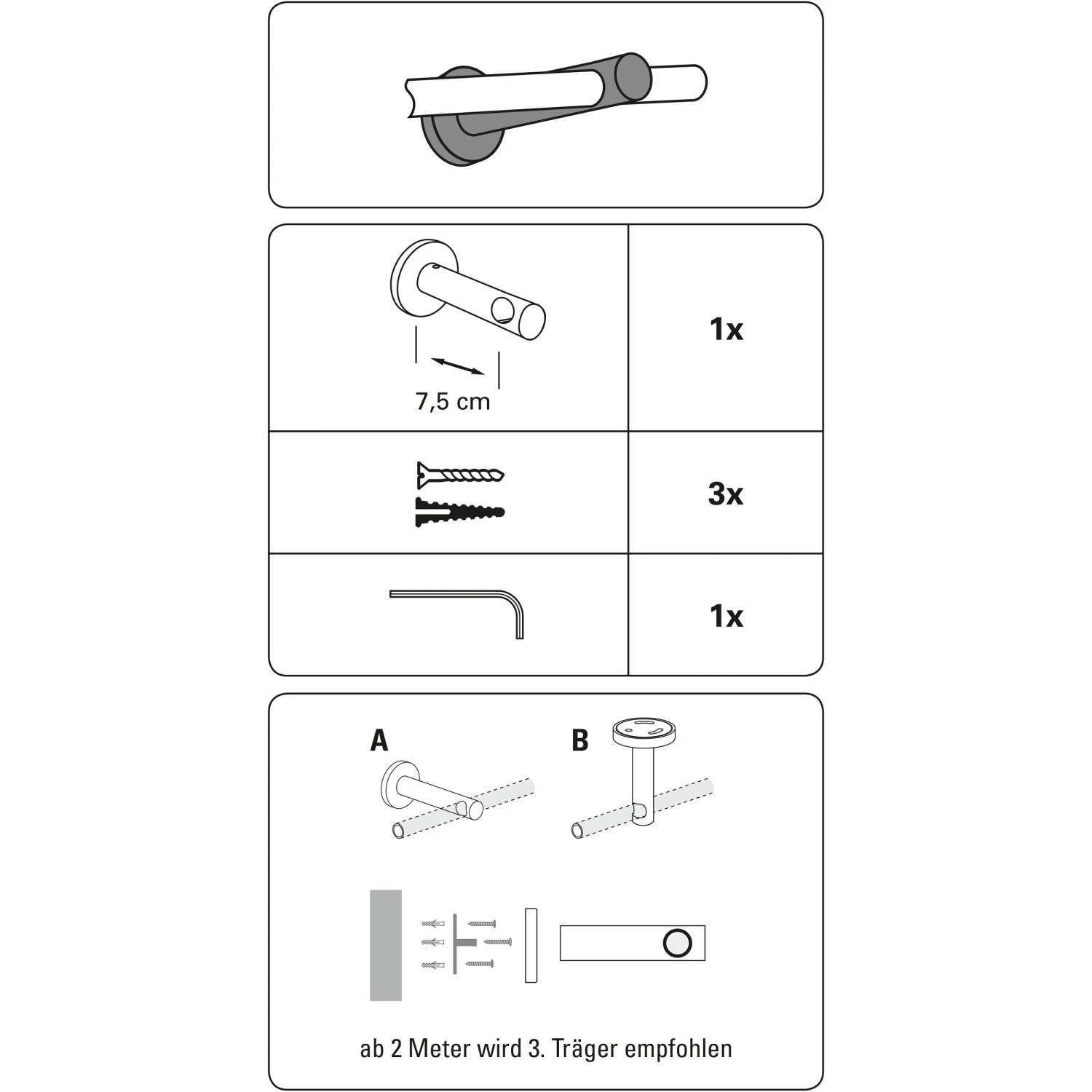 Gardinia Träger New York, Edelstahloptik, 7,5 cm, geschlossene Ausführung, Zubehör für Stilgarnituren.