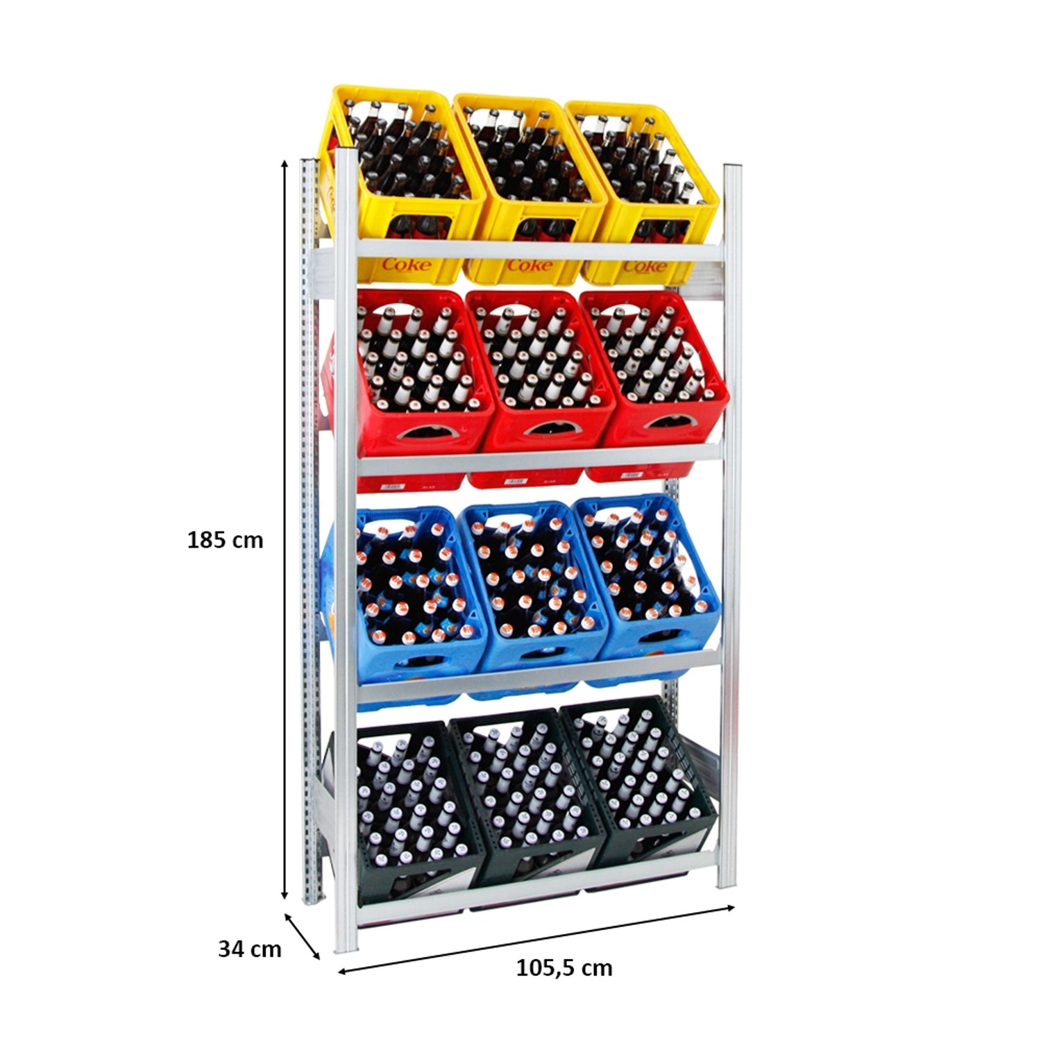 Verzinktes PROREGAL Getränkekistenregal Chiemsee mit 12 Kisten auf 4 Ebenen. Robust und Made in Germany.