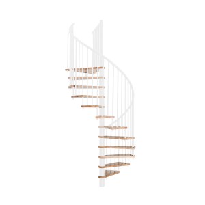 Minka Spindeltreppe Spiral Smart, Buche-Weiß, 100 cm Durchmesser. Innentreppe mit Holzstufen und weißem Geländer.