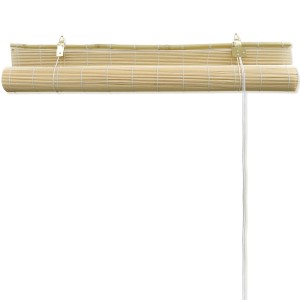 Naturfarbenes Bambusrollo, 150x160 cm, für Fenster, aufgerollt dargestellt.