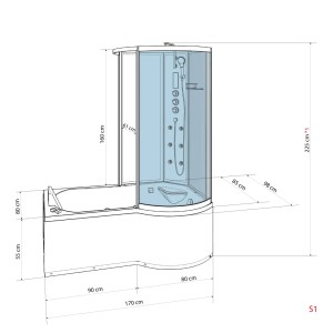 Skizze der AcquaVapore Kombi-Badewanne mit Dusche K50-L00-EC, 170x100 cm, mit Maßangaben.