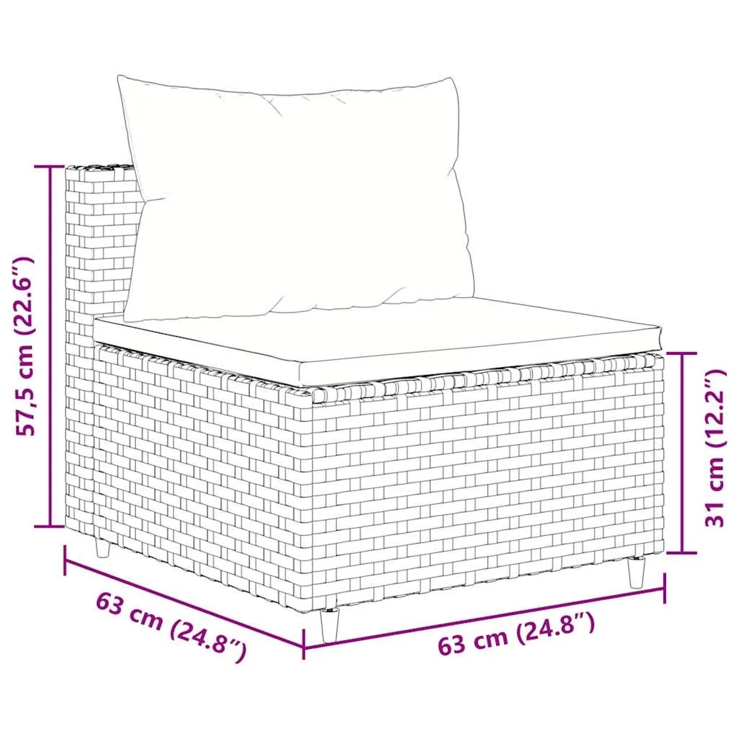 vidaXL Gartenmöbel: Lounge-Set, 6-teilig, grau, Polyrattan, mit Kissen. Detailansicht der Maße.