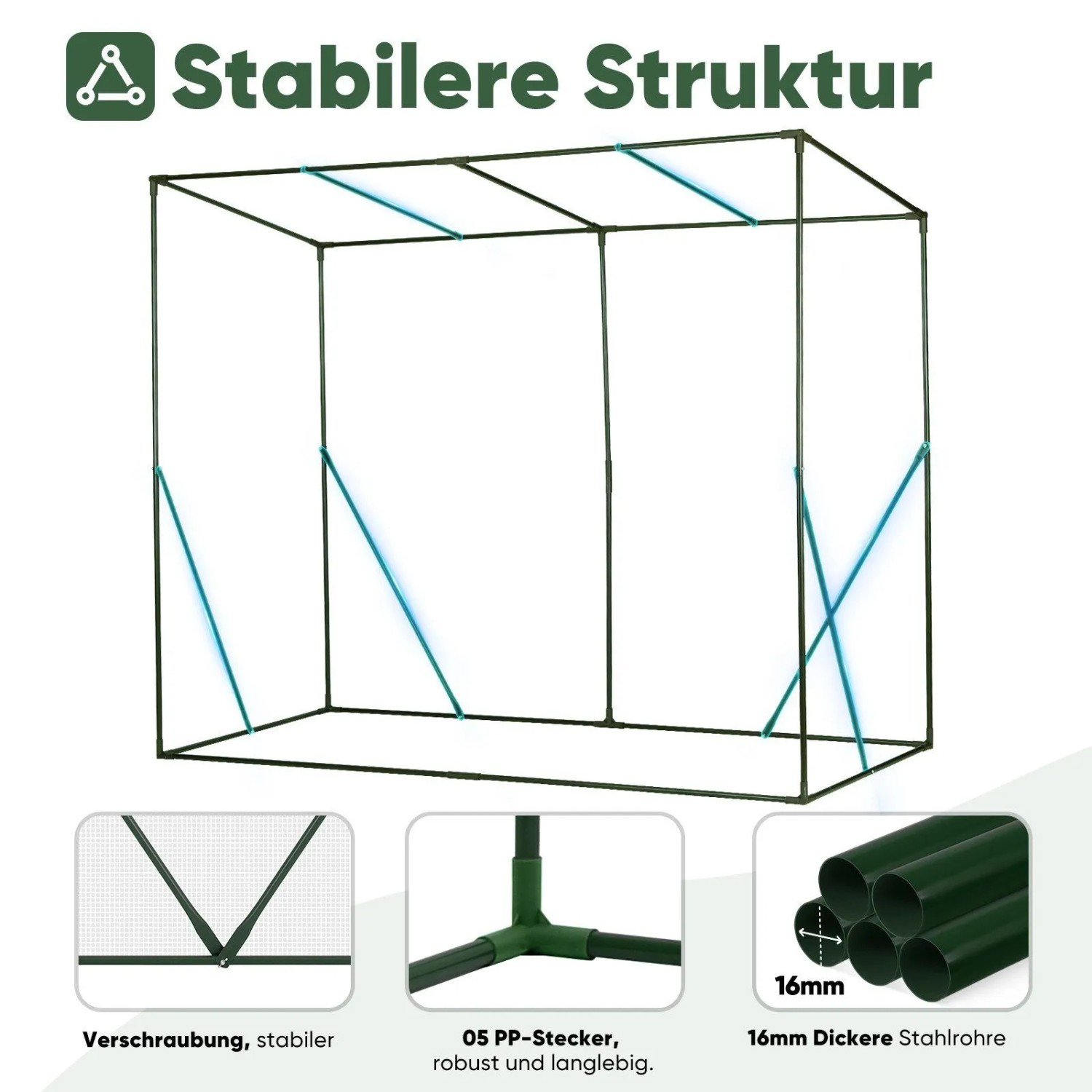 Stabiles Gestell des Sekey Foliengewächshauses mit Schrägdach, 16mm verzinkten Stahlrohren und PP-Steckern.