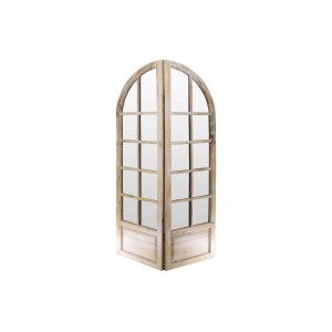 Rustikaler Paravent Kediri aus hellem Kiefernholz, 96 cm breit, mit gewölbtem Oberteil und verspiegelten Fensterpaneelen.