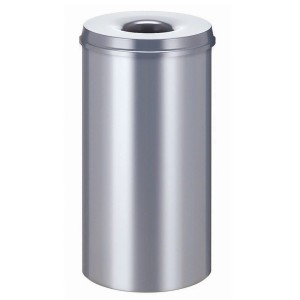 Silberner, selbstlöschender PROREGAL Papierkorb aus Metall, 50 Liter.