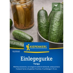 Kiepenkerl Einlegegurke Twigy F1-Hybride: Frische und eingelegte Gurken auf Packung.
