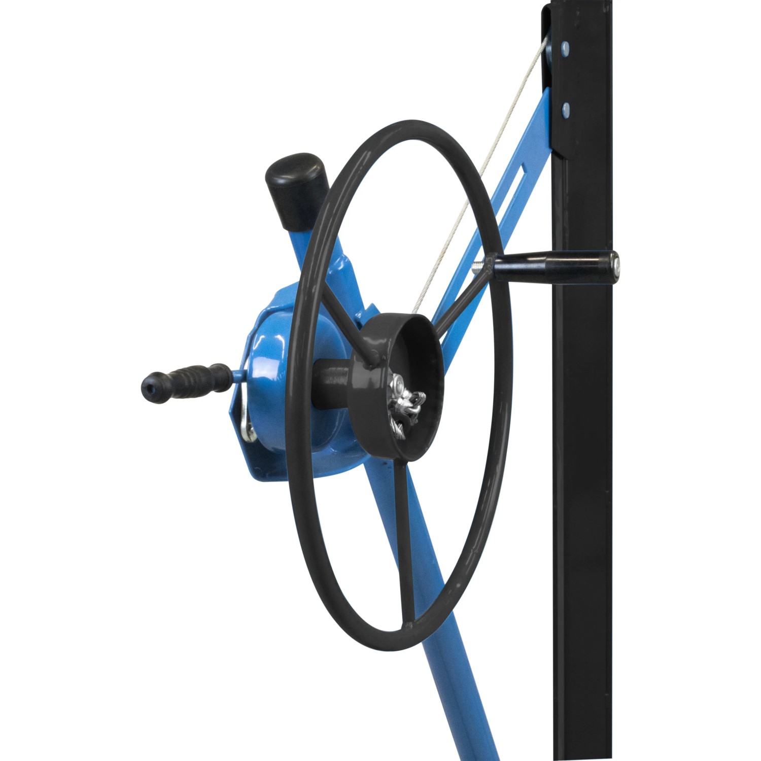 Detailaufnahme des blauen Güde Trockenbaulifts GTL 335, Baugerät für Gipskartonplatten.