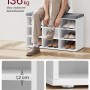 Weiße Schuhbank mit grauem Sitzkissen, bietet Platz für Schuhe. Maximale Belastbarkeit 136 kg.