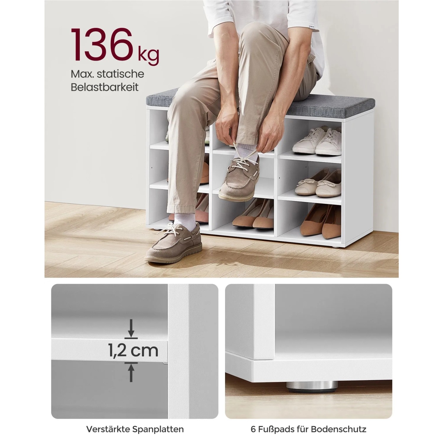Weiße Schuhbank mit grauem Sitzkissen, bietet Platz für Schuhe. Maximale Belastbarkeit 136 kg.