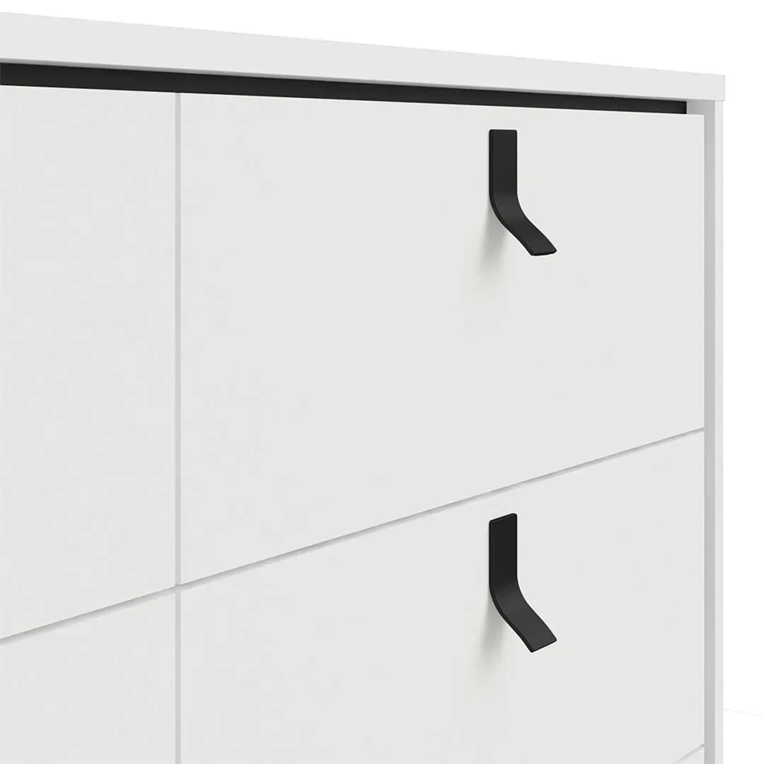 Detailansicht: Breite, matte ebuy24 Rye Kommode mit 6 Schubladen und schwarzen Griffen.