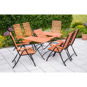 7-teiliges Gartenmöbel-Set Schlossgarten braun mit Ausziehtisch aus Eukalyptusholz und Stahl.