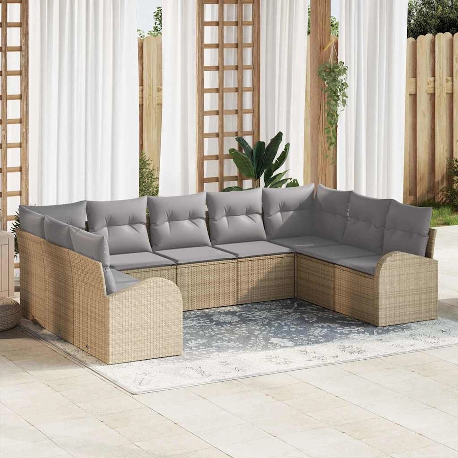 Beiges 9-teiliges Garten-Sofa-Set aus Poly Rattan von vidaXL für Garten oder Terrasse.