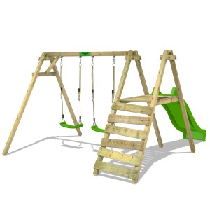 Fatmoose Schaukel JollyJack mit Rutsche und Kletterleiter aus Holz für den Garten.